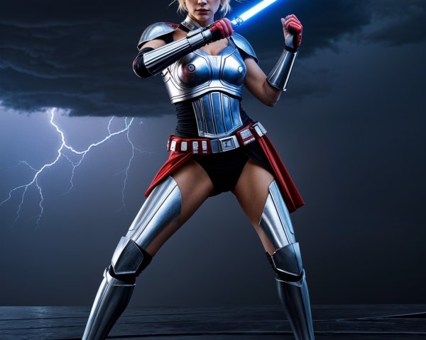 Fierce Female Warrior in Silver Armor with Lightsaber