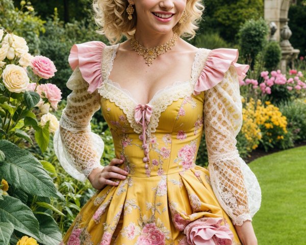 Young woman in yellow dress in vibrant garden setting