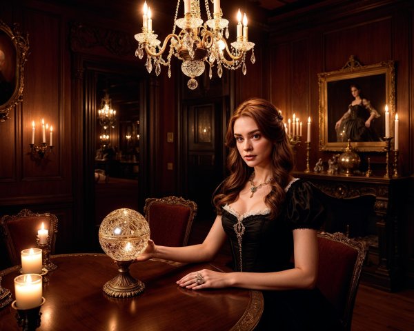 Victorian Woman in Elegant Room with Crystal Globe