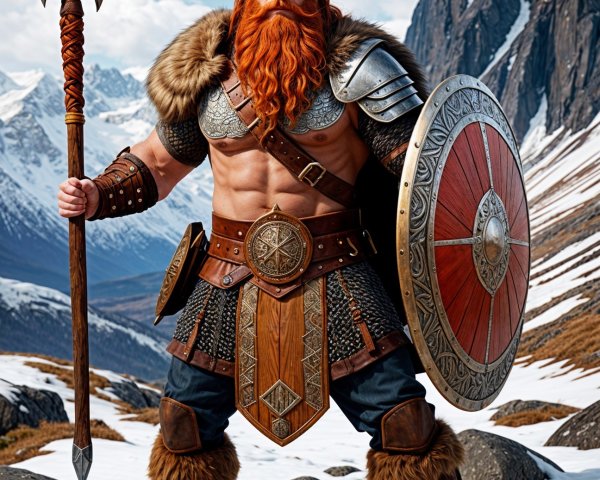 Muscular Viking Warrior in Snowy Mountain Landscape