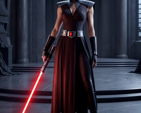 Confident Figure with Red Lightsaber in Dark Space