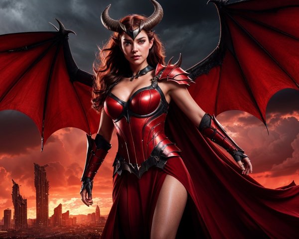 Female figure in red armor against sunset backdrop