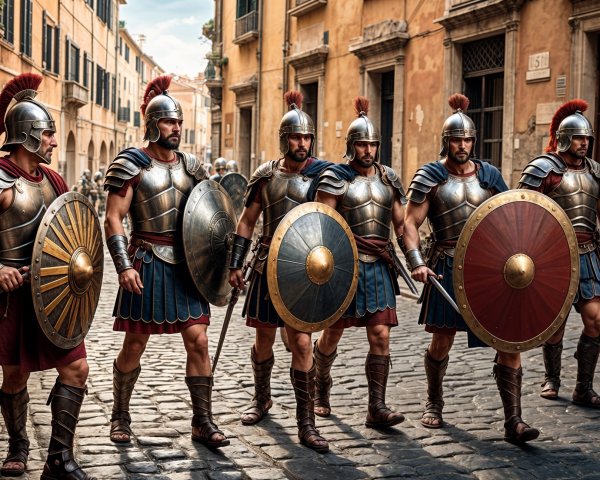 Ancient Roman Soldiers Marching on Cobblestone Street