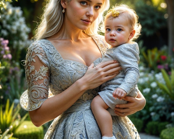 Woman in Silver Gown with Child in Lush Garden