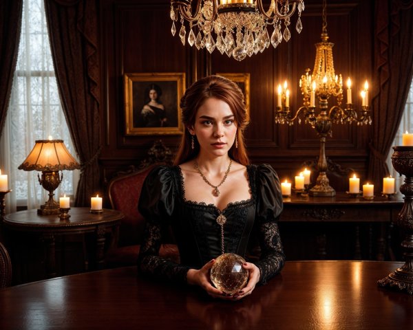 Young Woman in Victorian Dress with Crystal Ball