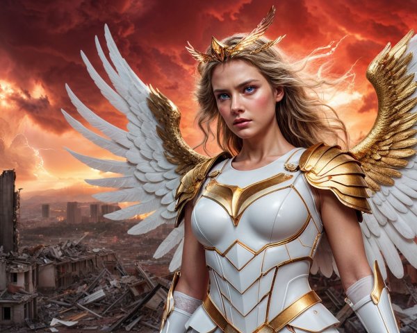 Heroic figure in golden armor amidst city ruins