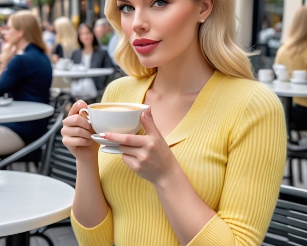 Stylish Woman in Yellow Sweater at Outdoor Café