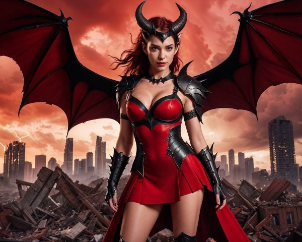 Fierce Female Character in Stormy Cityscape