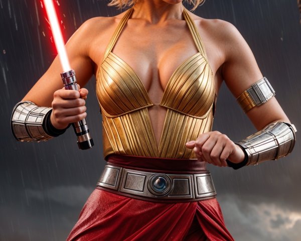 Fierce Warrior with Red Lightsaber in Dramatic Setting