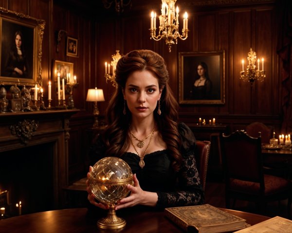 Elegant Woman in Opulent Gothic Room with Globe