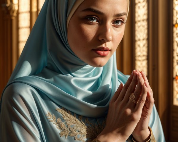 Young woman in blue hijab with traditional attire