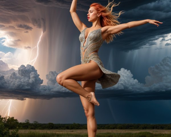 Dancer in Shimmering Outfit on Dark Wooden Stage