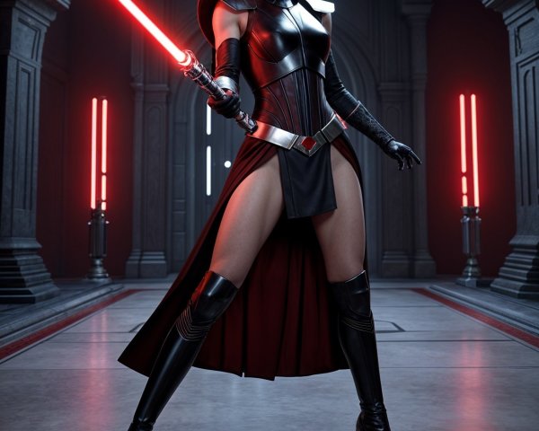 Fierce Character with Glowing Red Lightsaber in Black Outfit