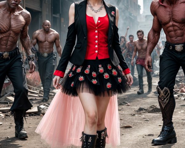 Stylish Woman in Urban Setting with Muscular Figures
