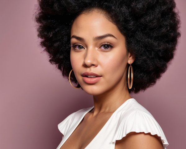 Young woman with afro hairstyle in soft pink setting