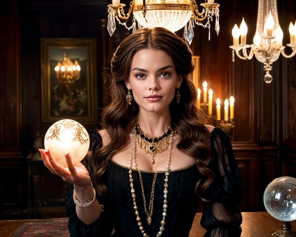 Vintage Woman with Crystal Ball in Opulent Setting