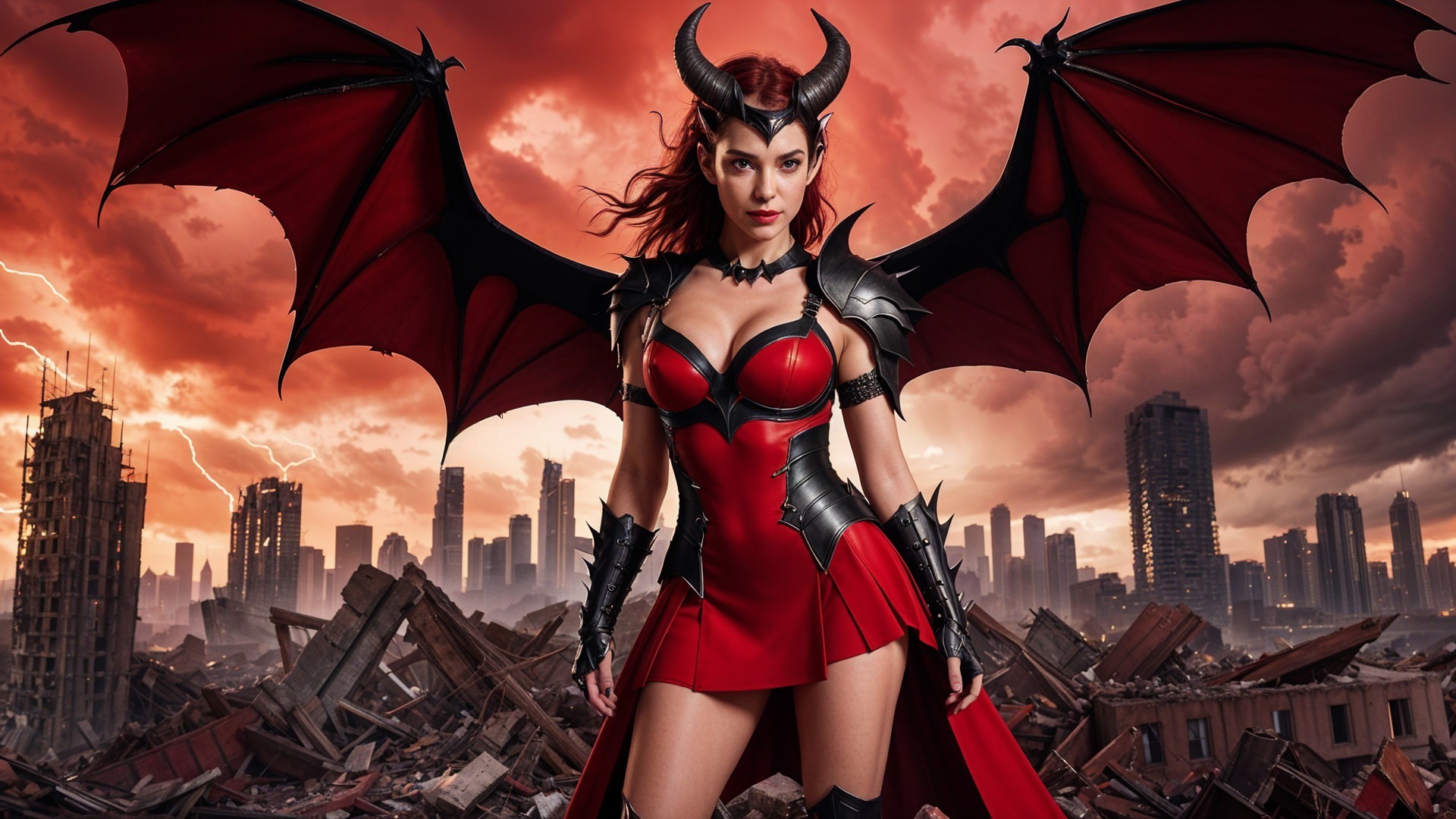 Fierce Female Character in Stormy Cityscape