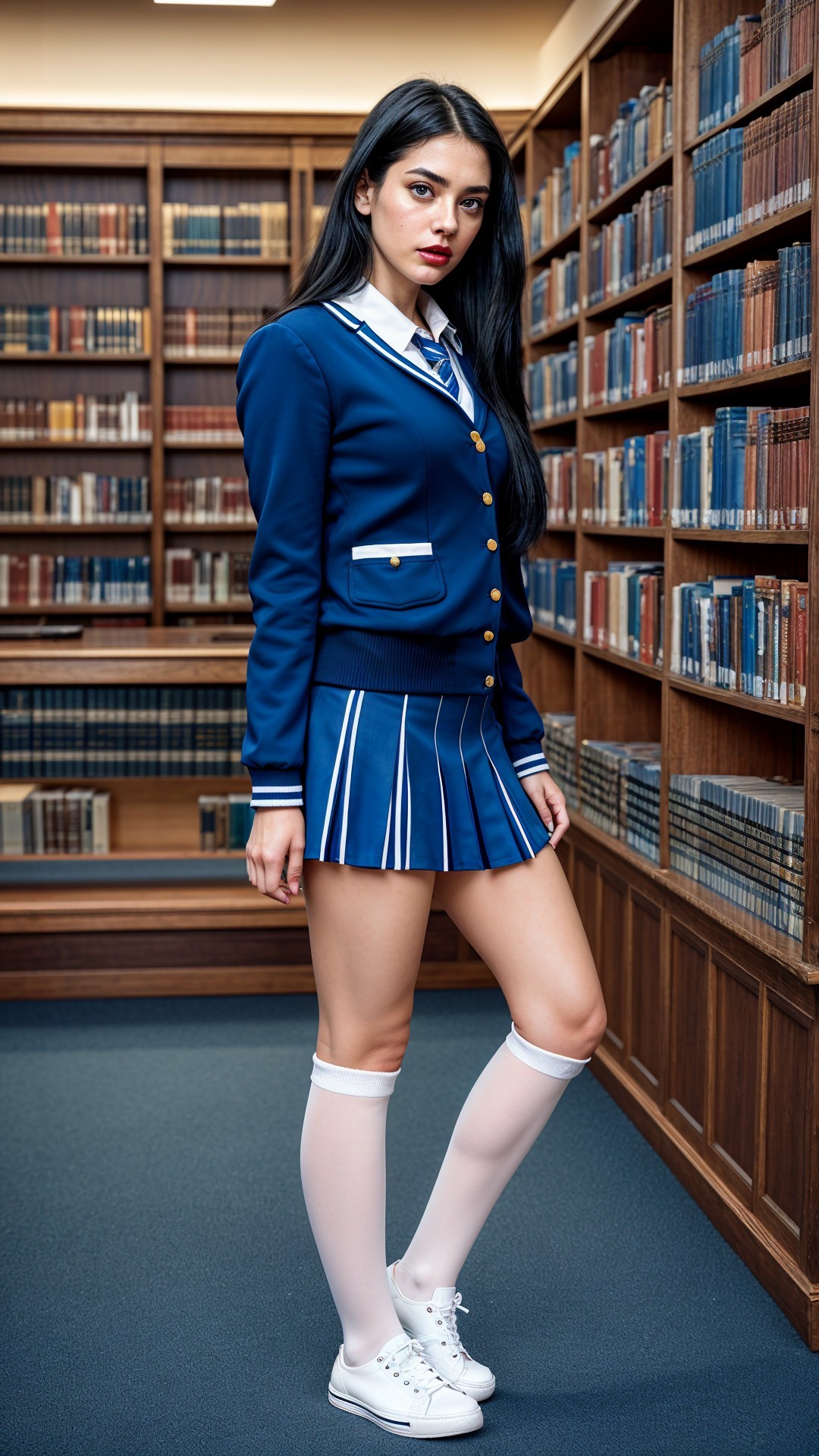 Young Woman in Stylish School Uniform in Library