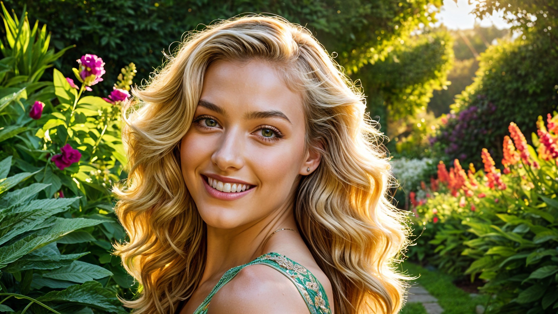 Young woman in vibrant garden with blooming flowers