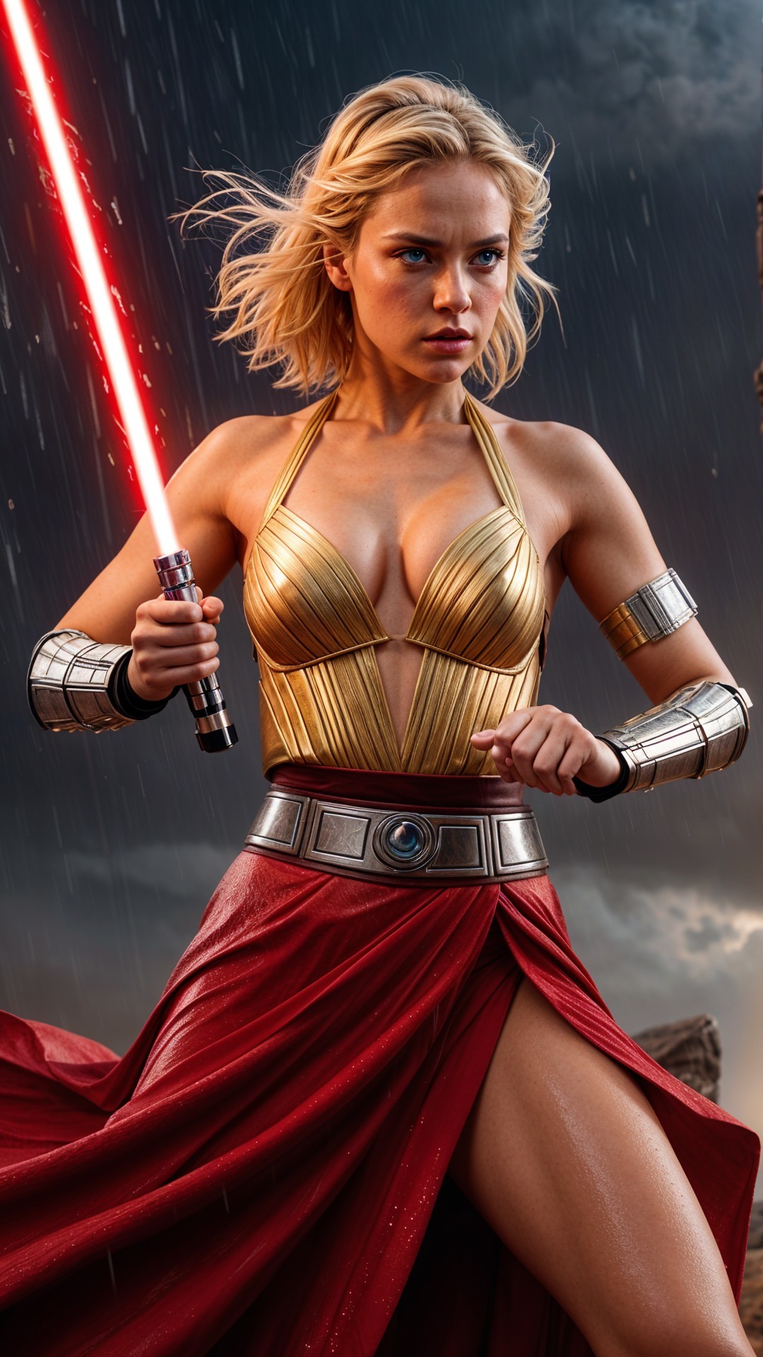Fierce Warrior with Red Lightsaber in Dramatic Setting