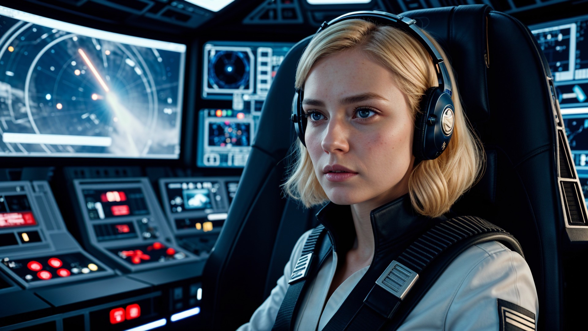 Young woman in futuristic cockpit with data screens