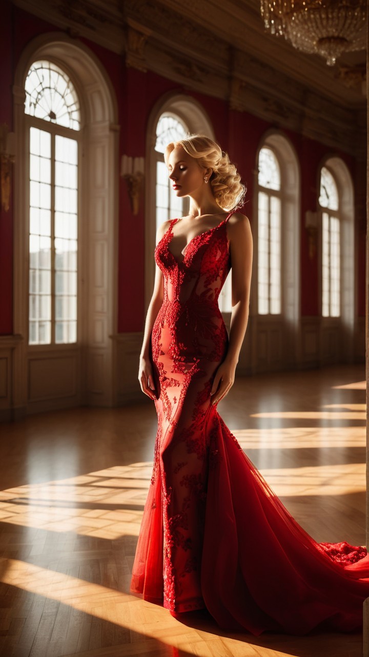 Elegant Woman in Red Gown in Grand Room Setting