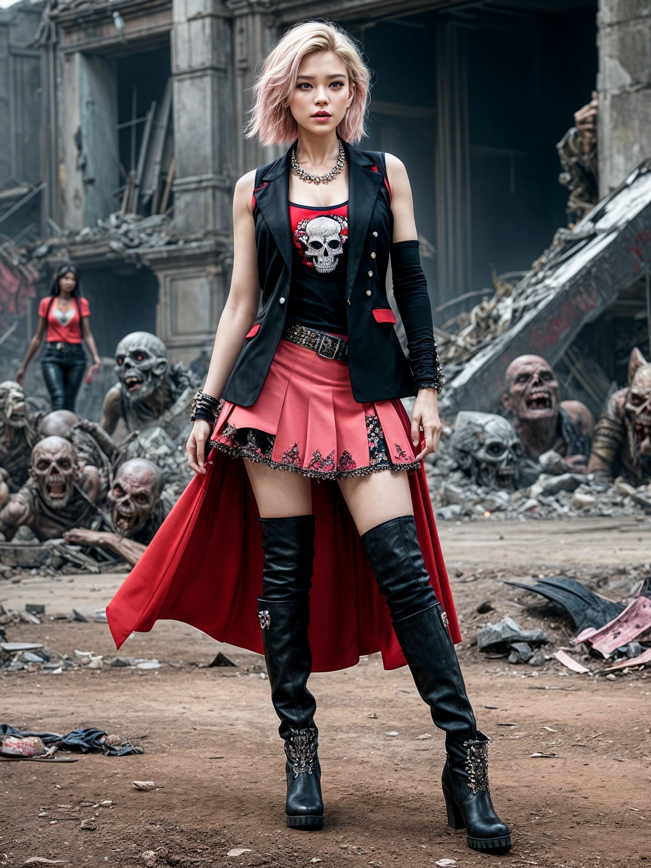 Confident Figure in Post-Apocalyptic Zombie Scene