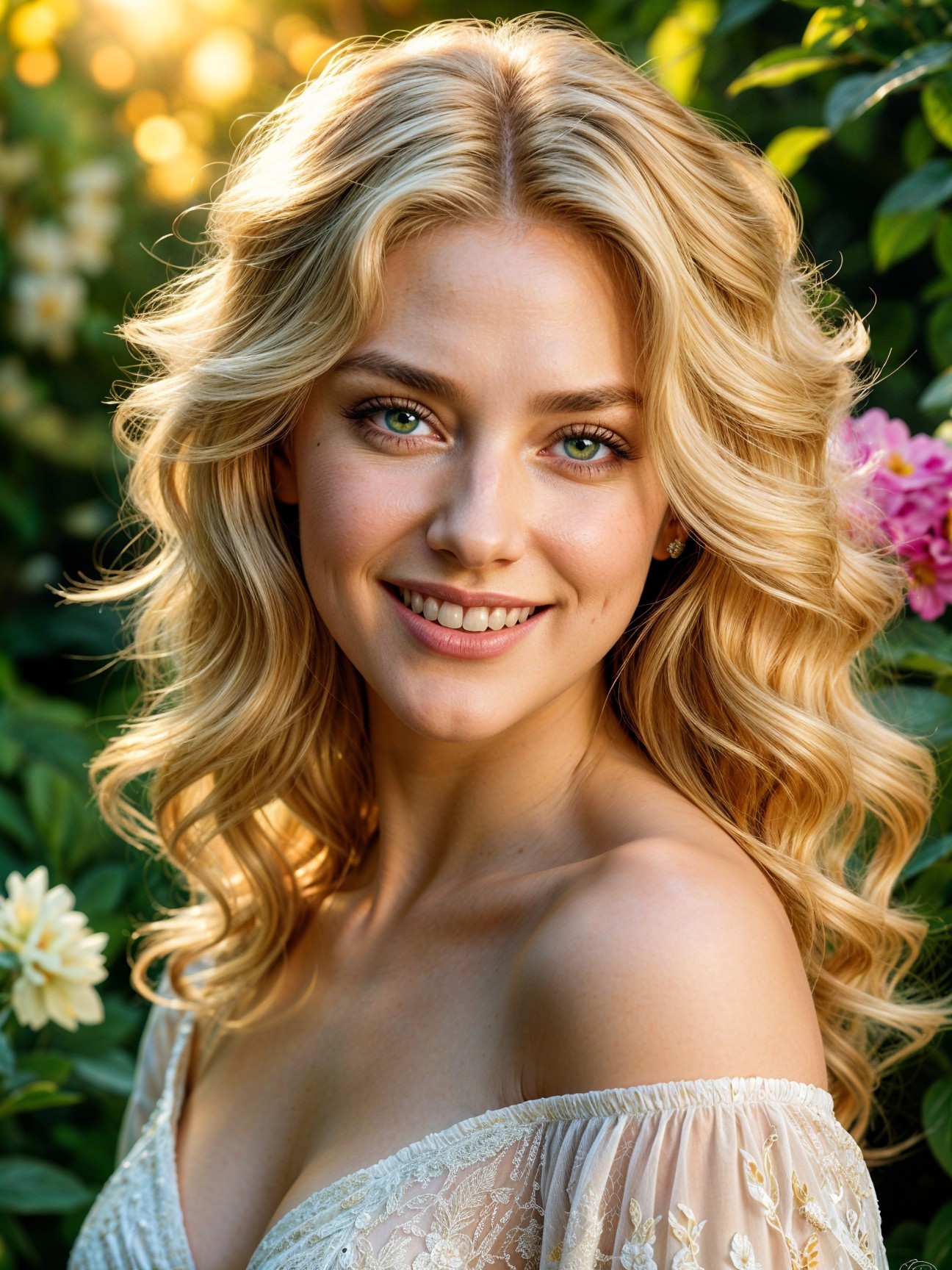 Young woman in nature with blonde curls and flowers