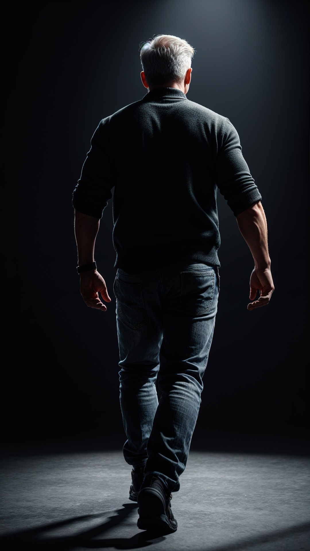 Silver-haired man walking in a dimly lit setting