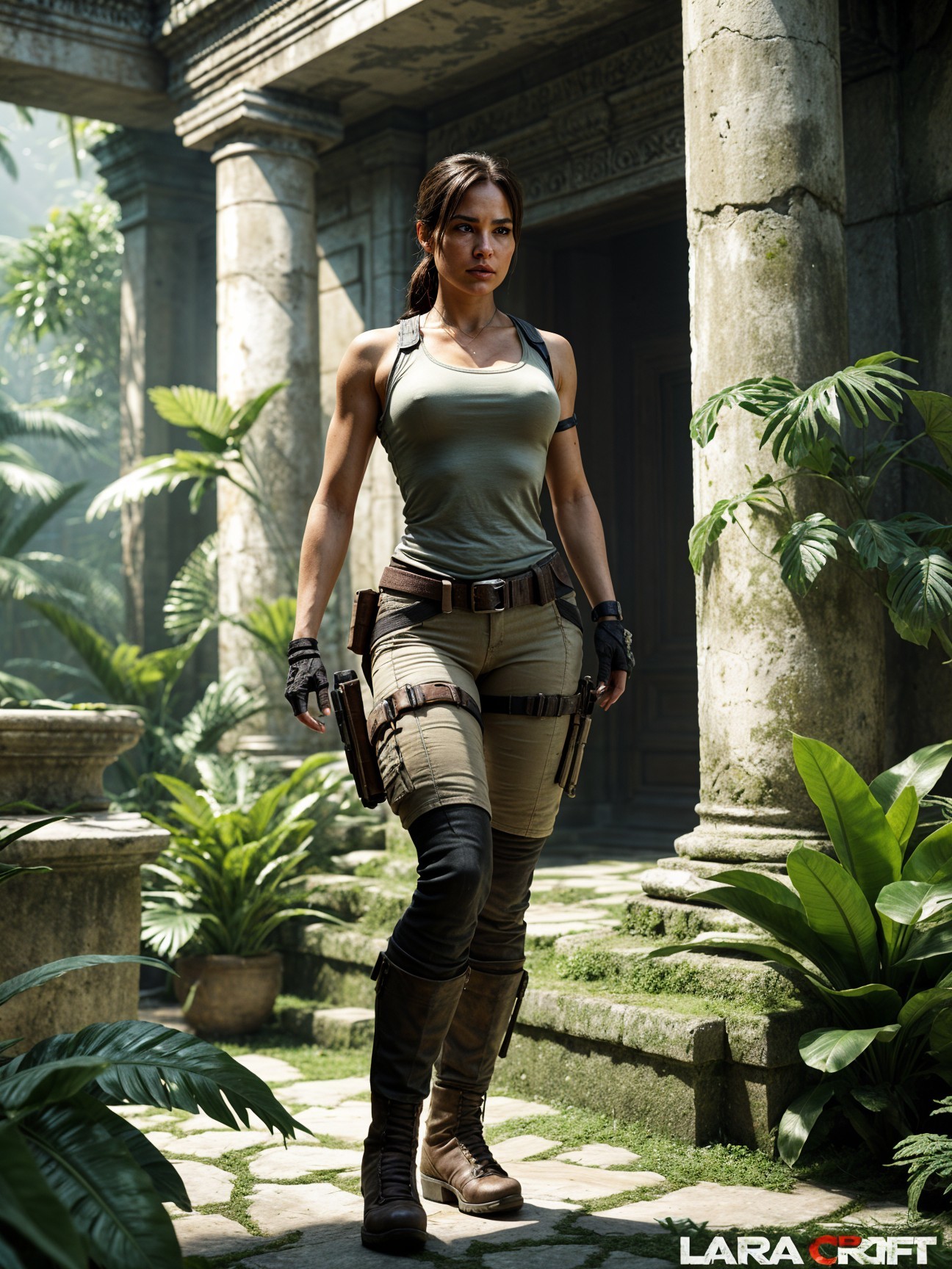 Adventurer in Overgrown Temple Ruins with Greenery