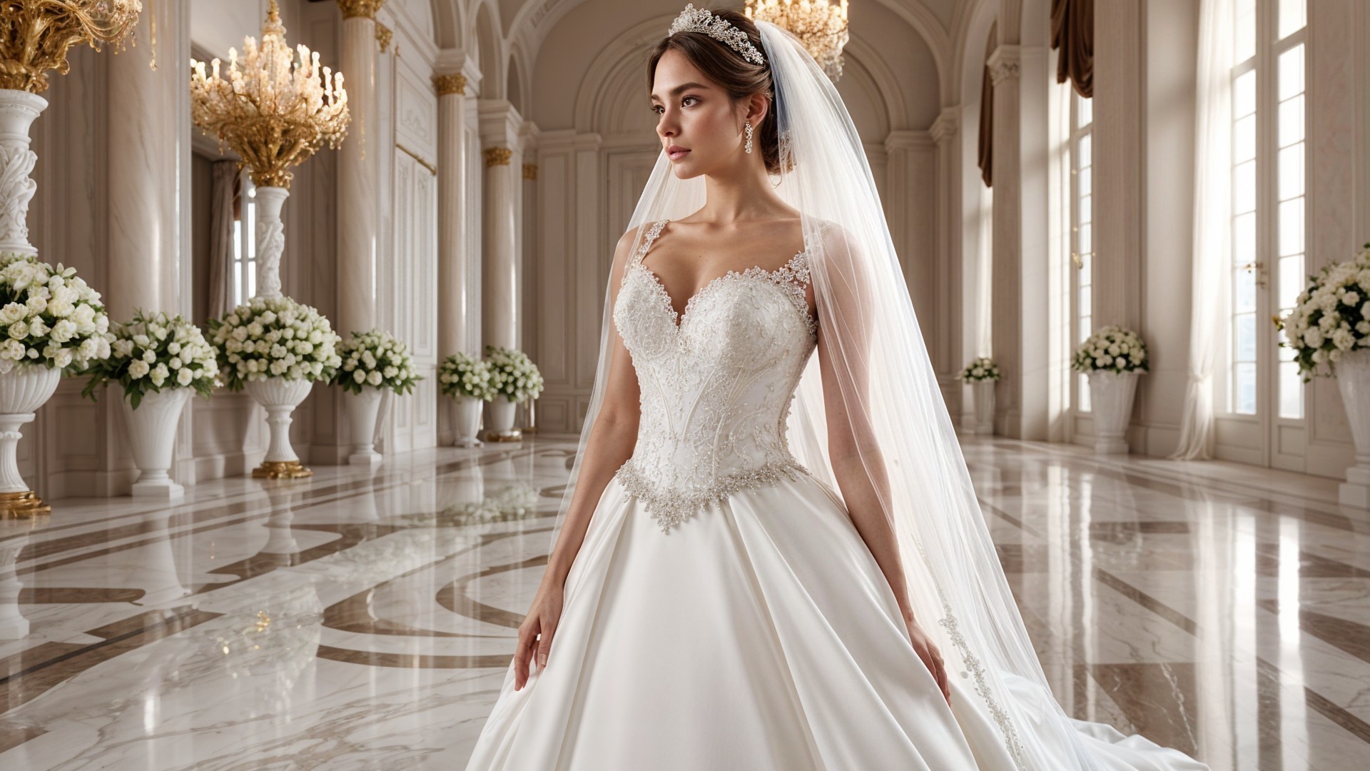 Elegant Bride in Grand Hall with Floral Arrangements