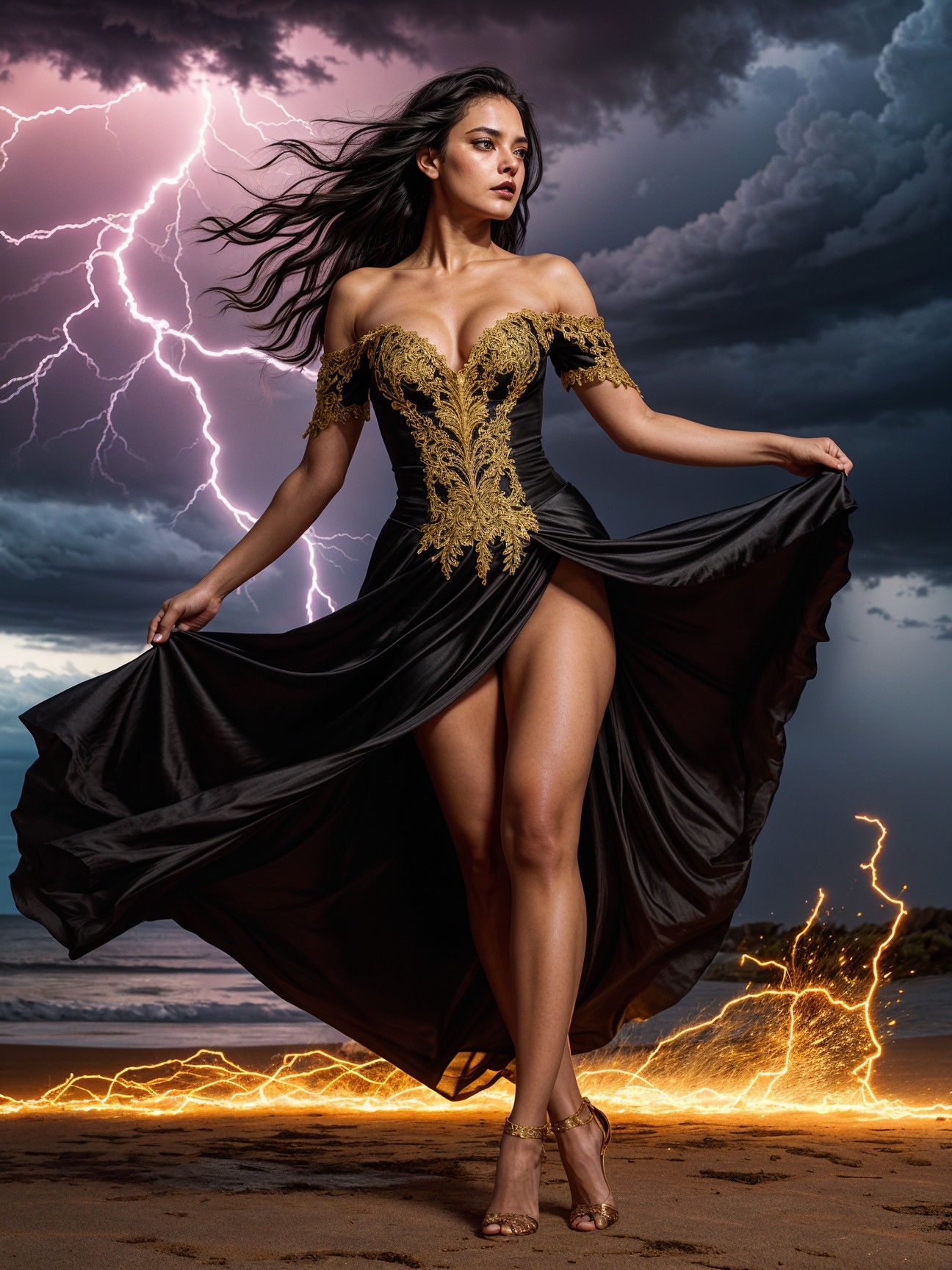 Elegant woman in black gown on stormy beach