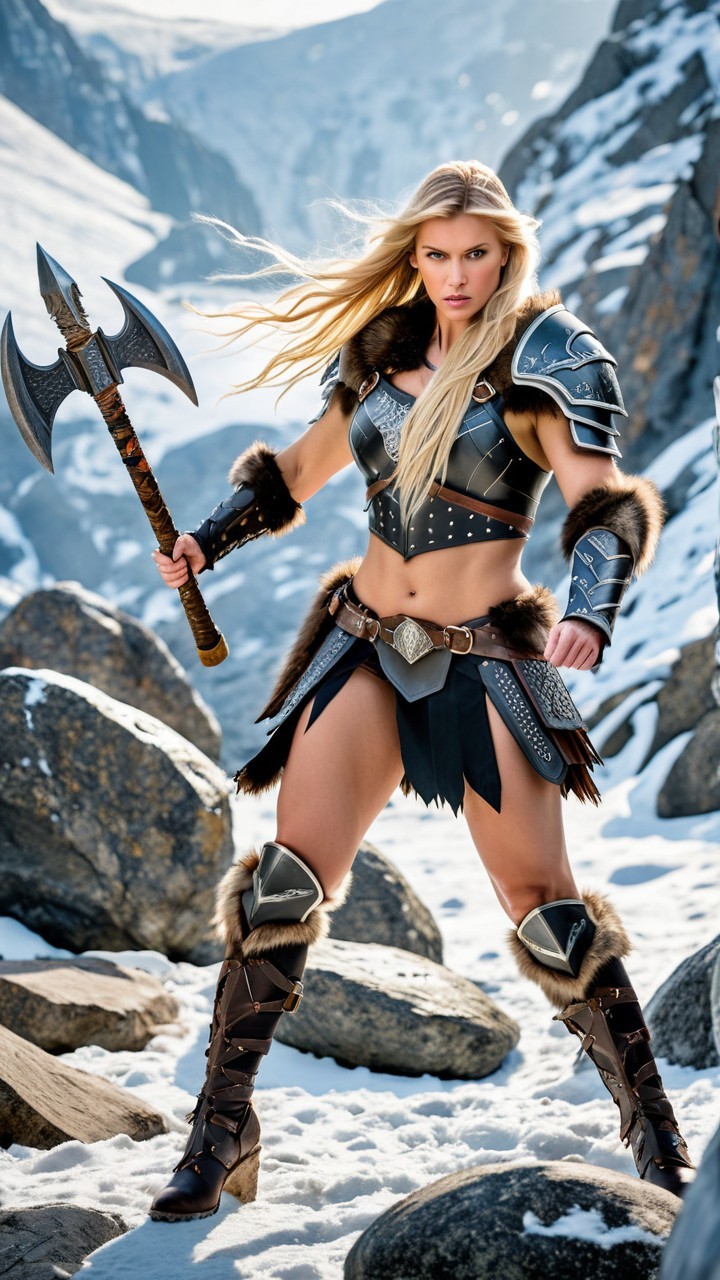 Fierce Warrior in Ornate Armor in Snowy Landscape