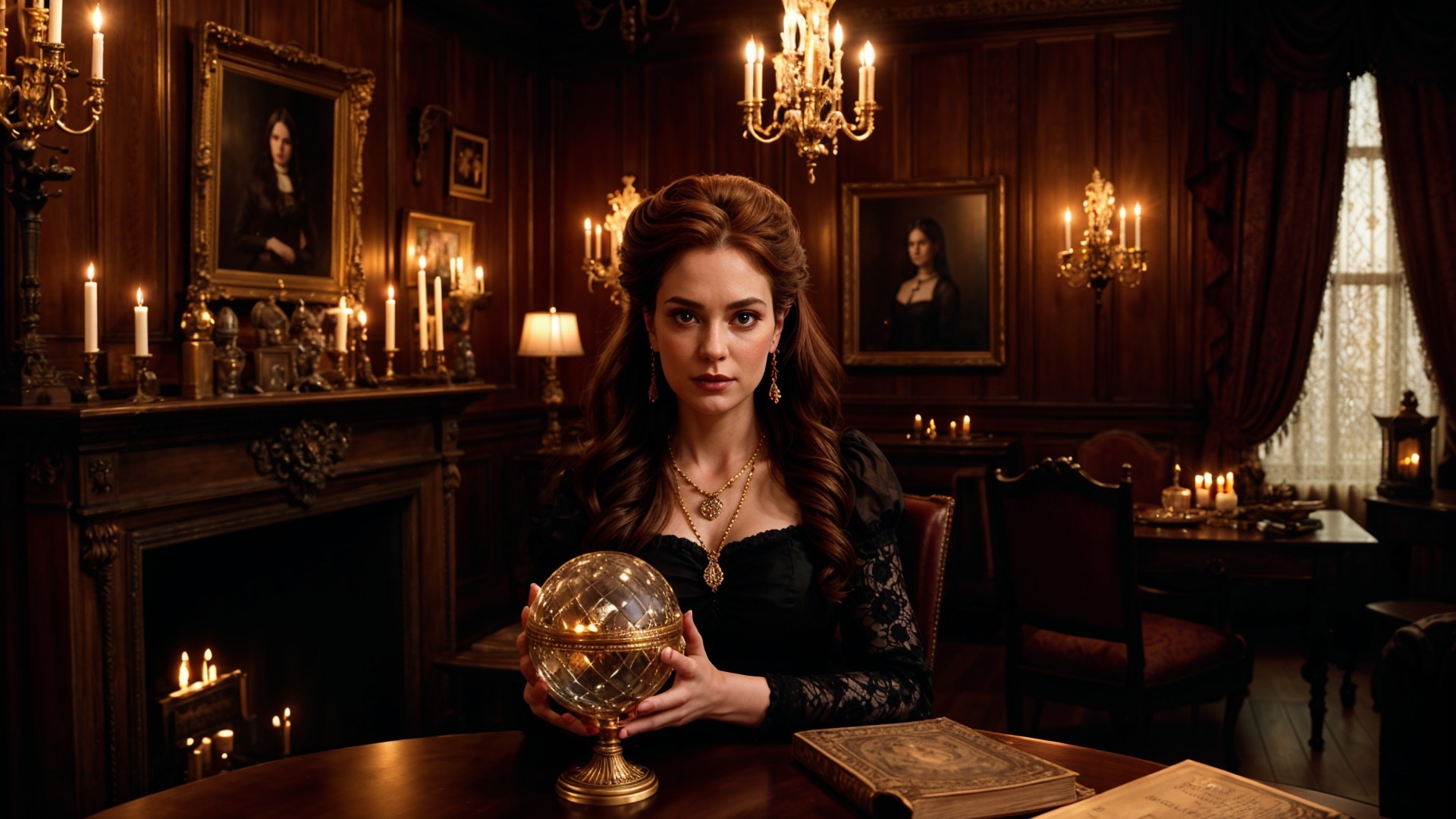 Elegant Woman in Opulent Gothic Room with Globe