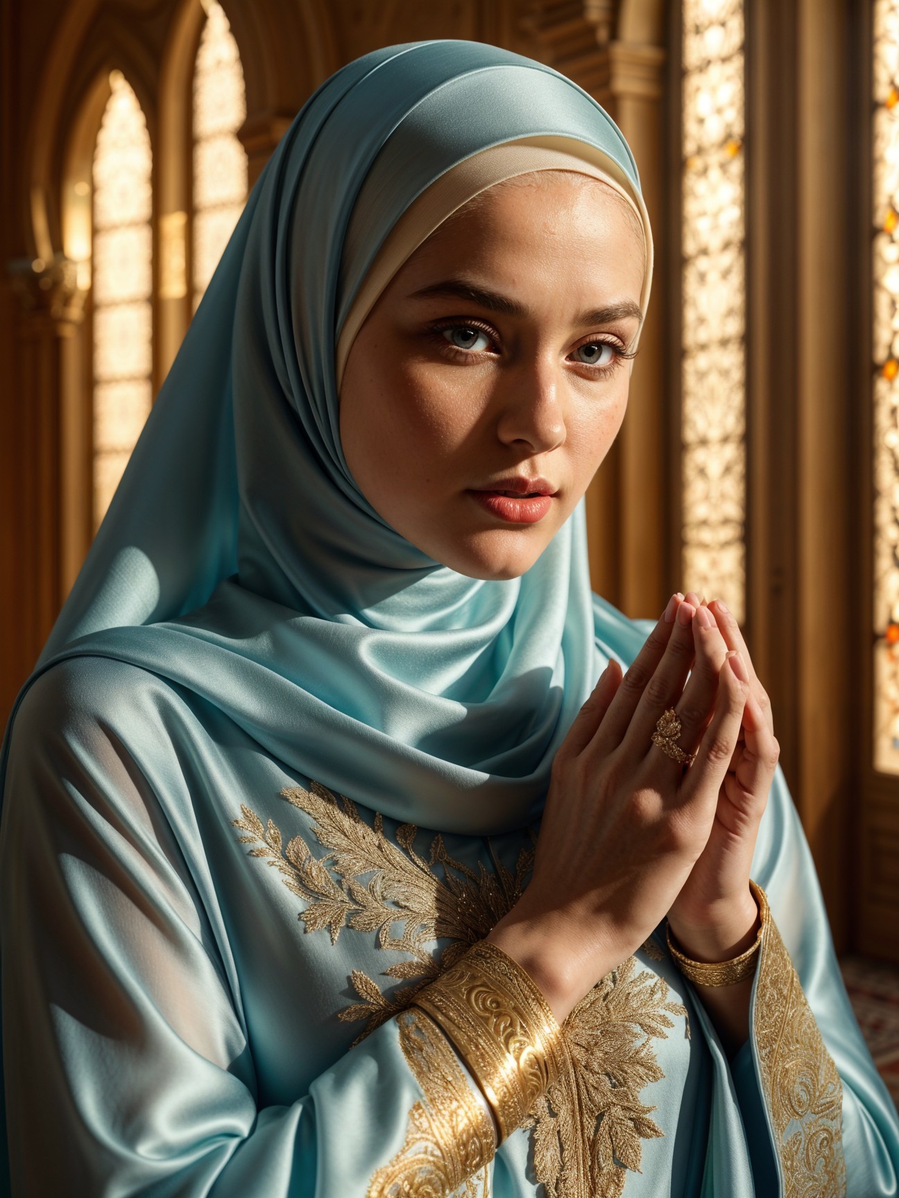 Young woman in blue hijab with traditional attire
