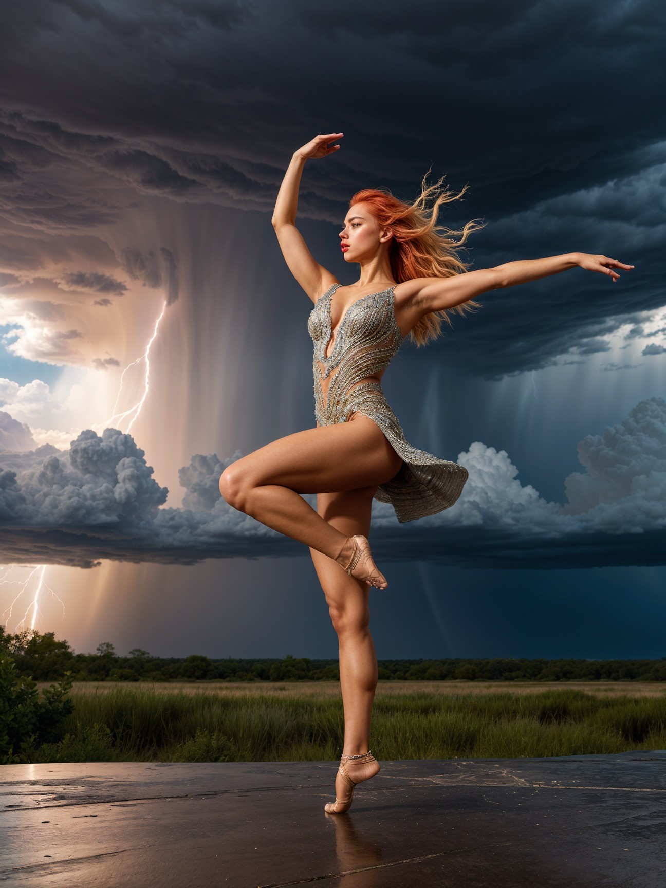 Dancer in Shimmering Outfit on Dark Wooden Stage
