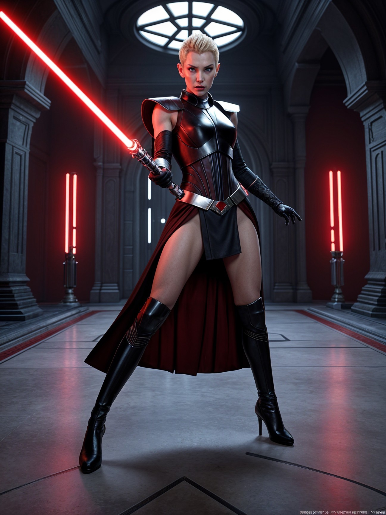 Fierce Character with Glowing Red Lightsaber in Black Outfit