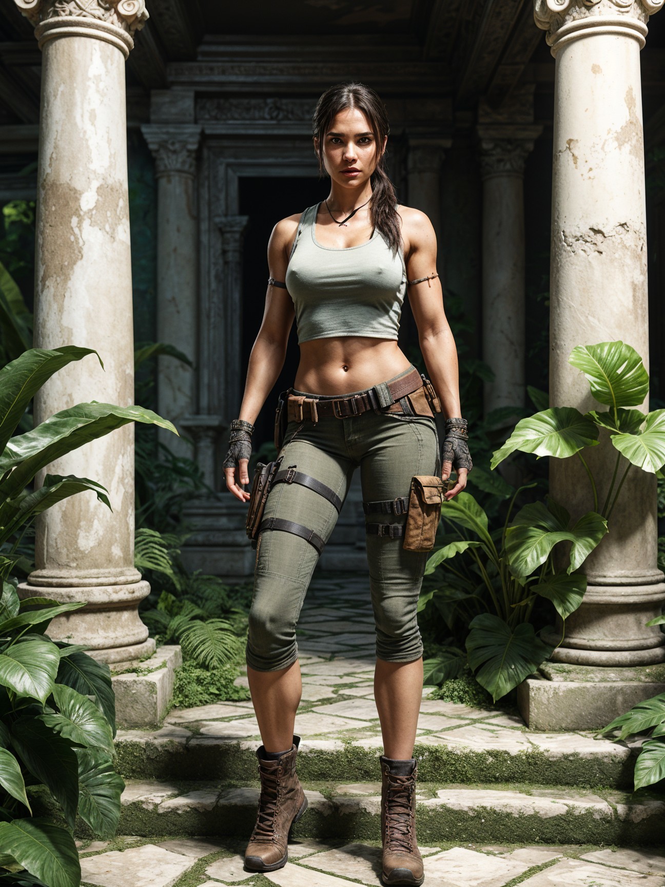 Athletic Female Character in Ancient Overgrown Temple