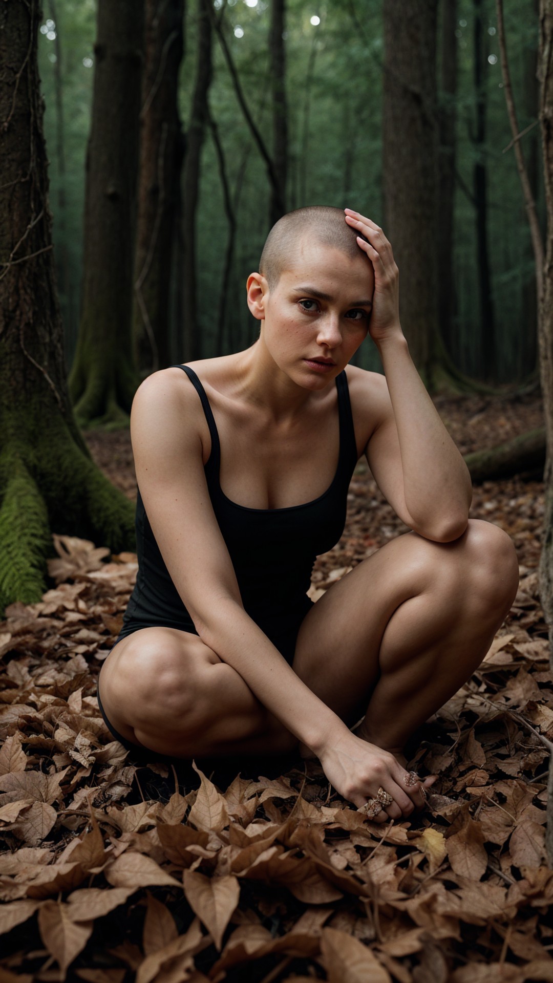 Young Woman in Serene Forest Setting with Shaved Head