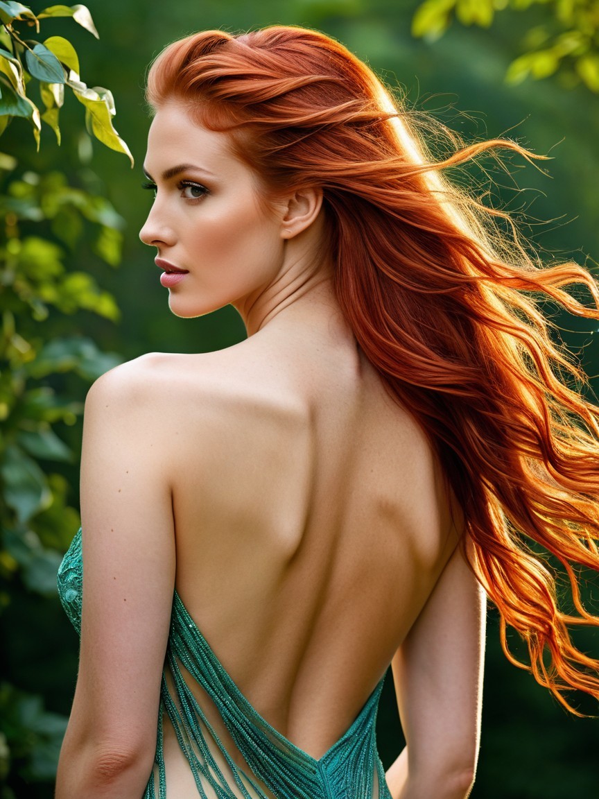 Elegant woman in emerald green with flowing red hair
