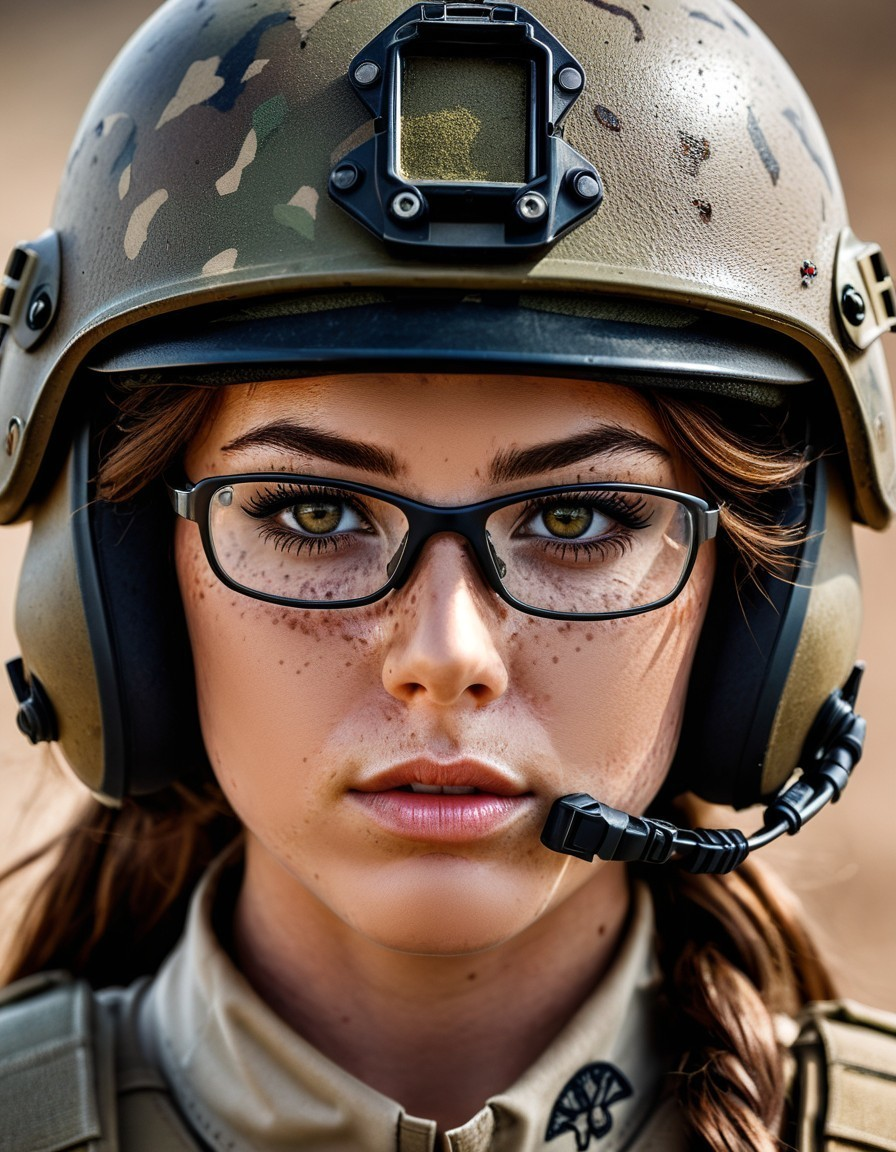 Close-up of a young woman in military gear and helmet