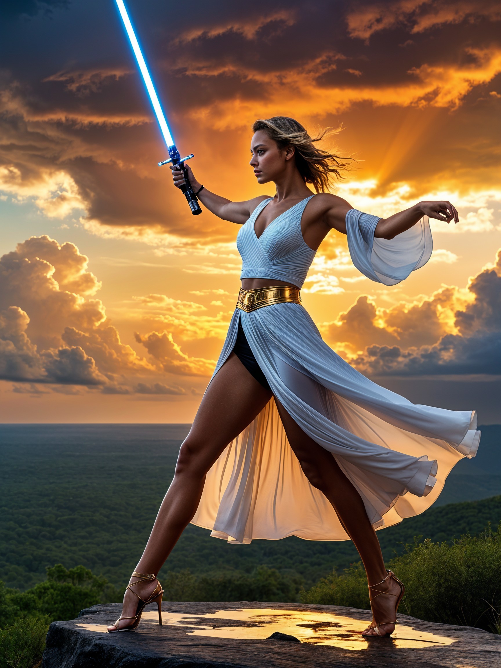 Confident Figure with Lightsaber at Dramatic Sunset