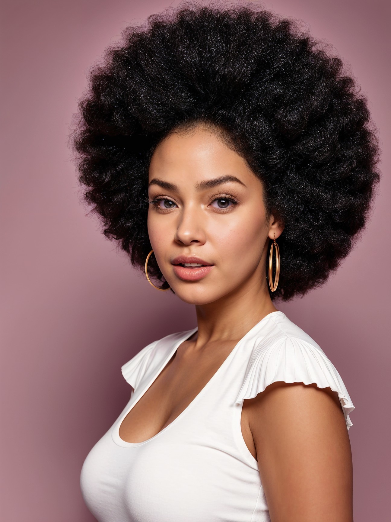 Young woman with afro hairstyle in soft pink setting