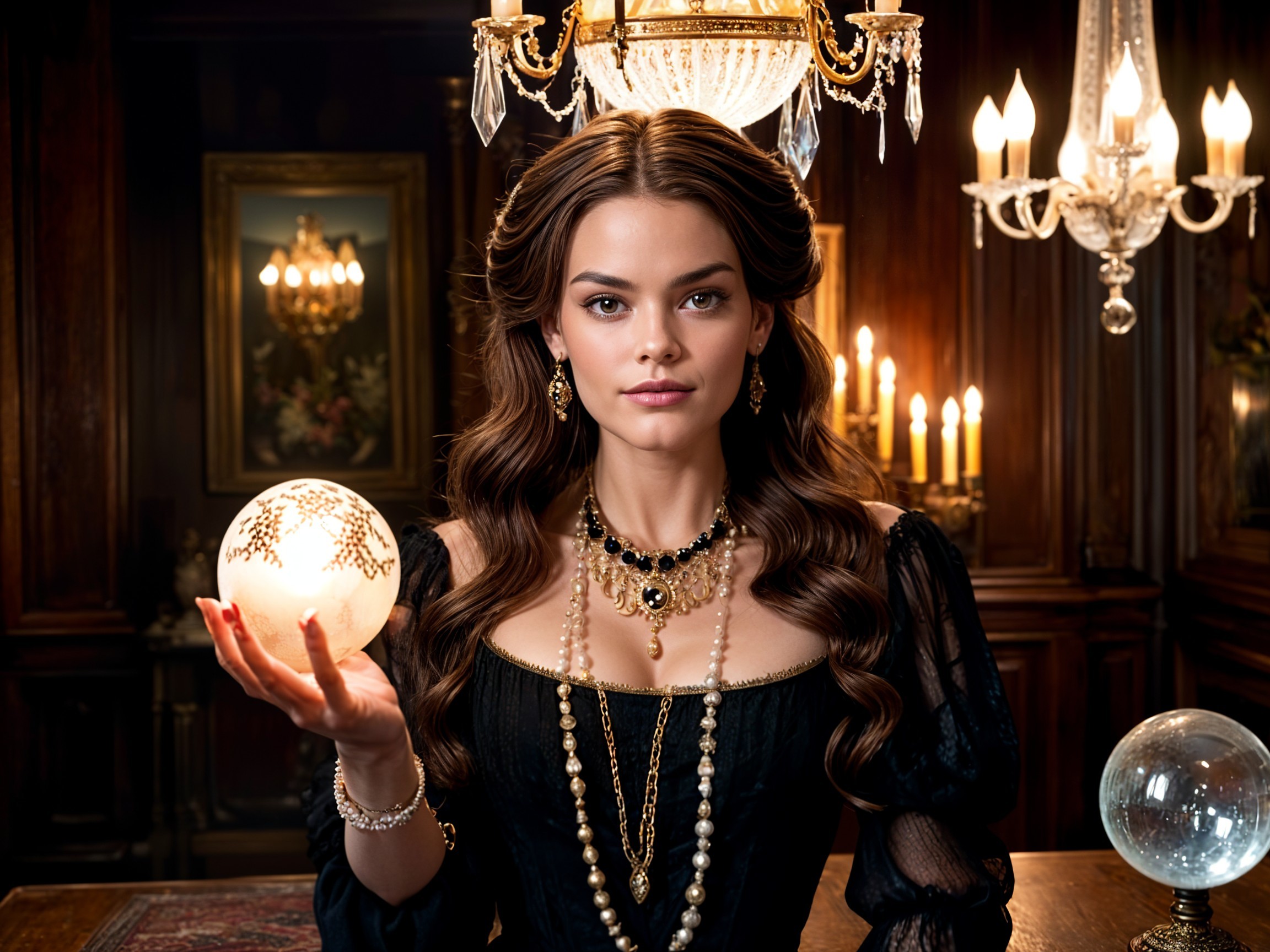 Vintage Woman with Crystal Ball in Opulent Setting