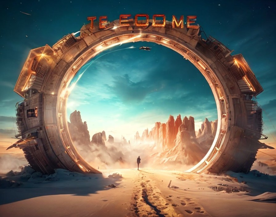 Person in front of a glowing circular portal in misty landscape