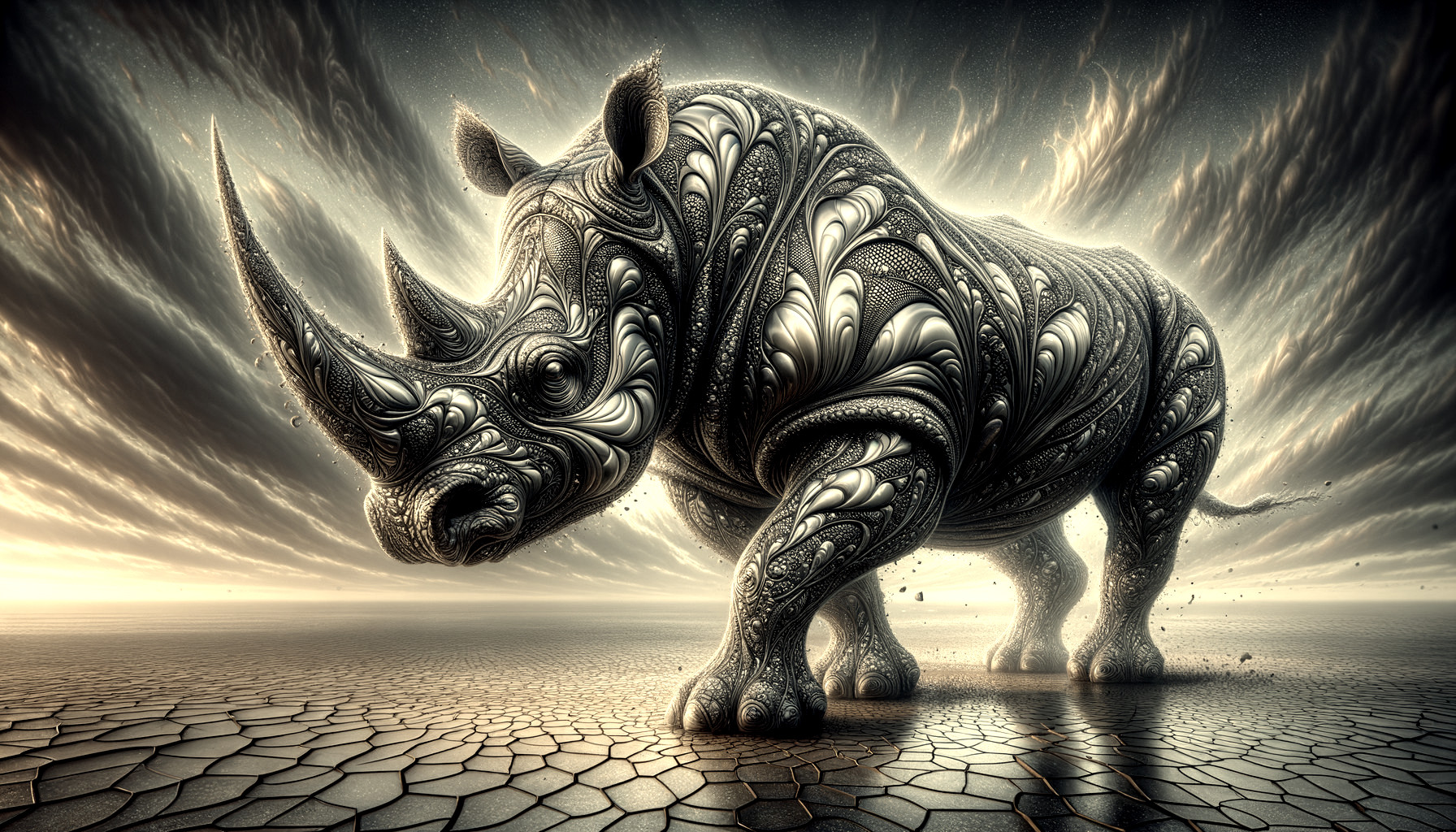 Majestic Rhinoceros on Surreal Cracked Landscape