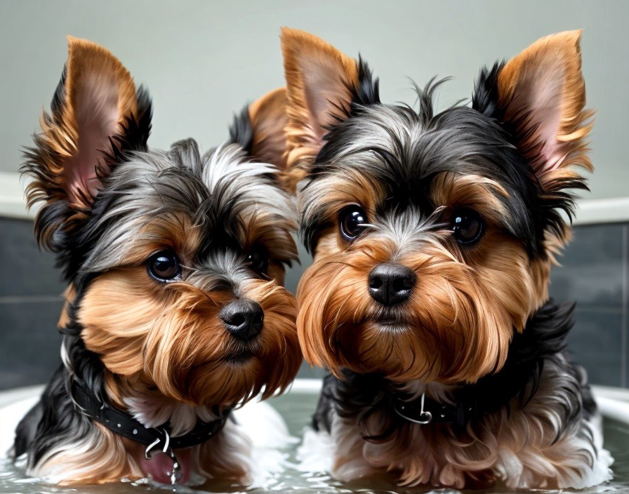 Yorkshire Terriers with Shiny Coats and Pointed Ears