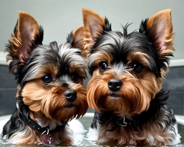 Yorkshire Terriers with Shiny Coats and Pointed Ears
