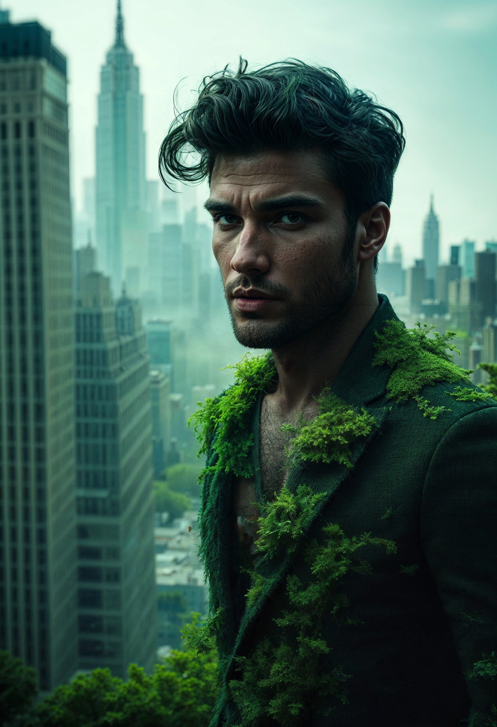Portrait of a Man in a Cityscape with Moss Suit