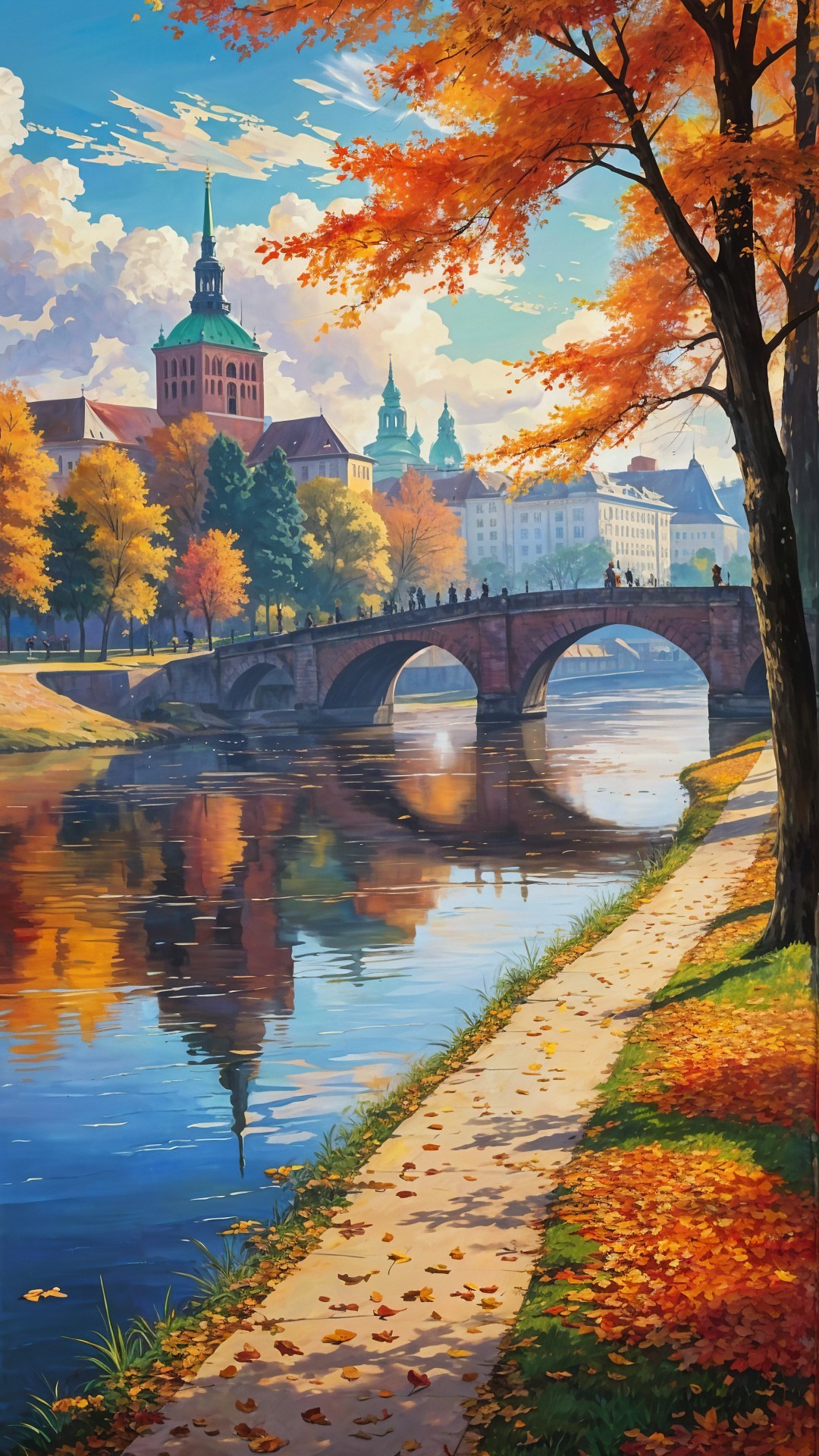 Autumn Landscape with River and Historic Bridge